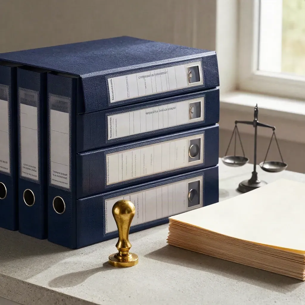 Moody legal still life with navy binders, brass seal embosser and stone scales on pale plaster