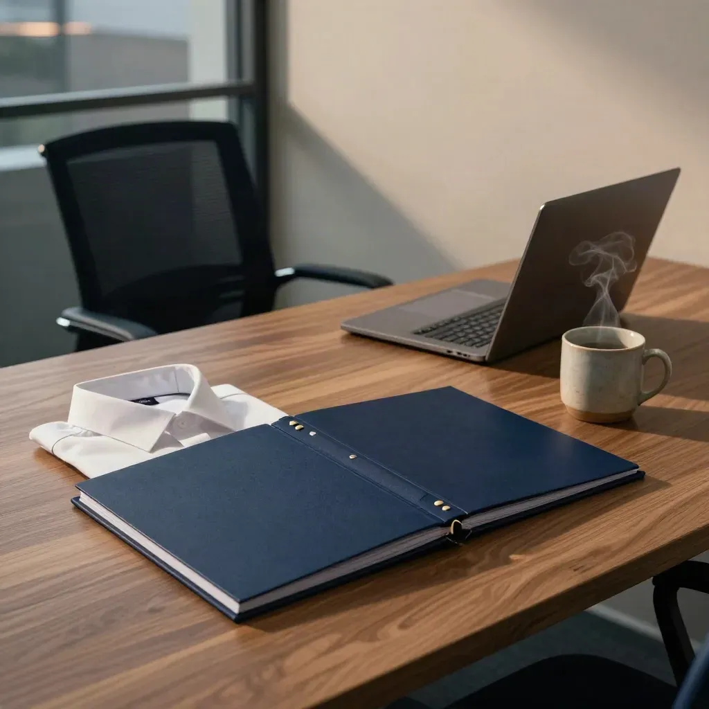 An empty HR desk at dusk with an open policy binder, folded shirt, laptop and steaming mug.