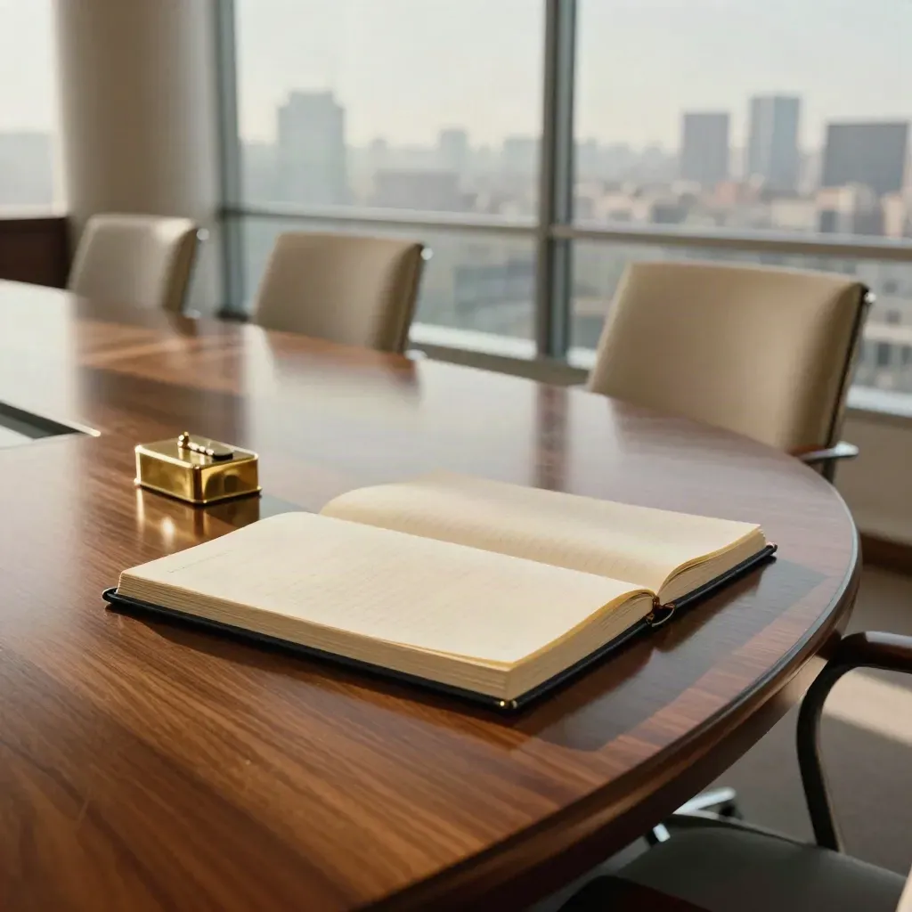 Low-angle boardroom with empty chairs, minute book, brass paperweight, and city reflections