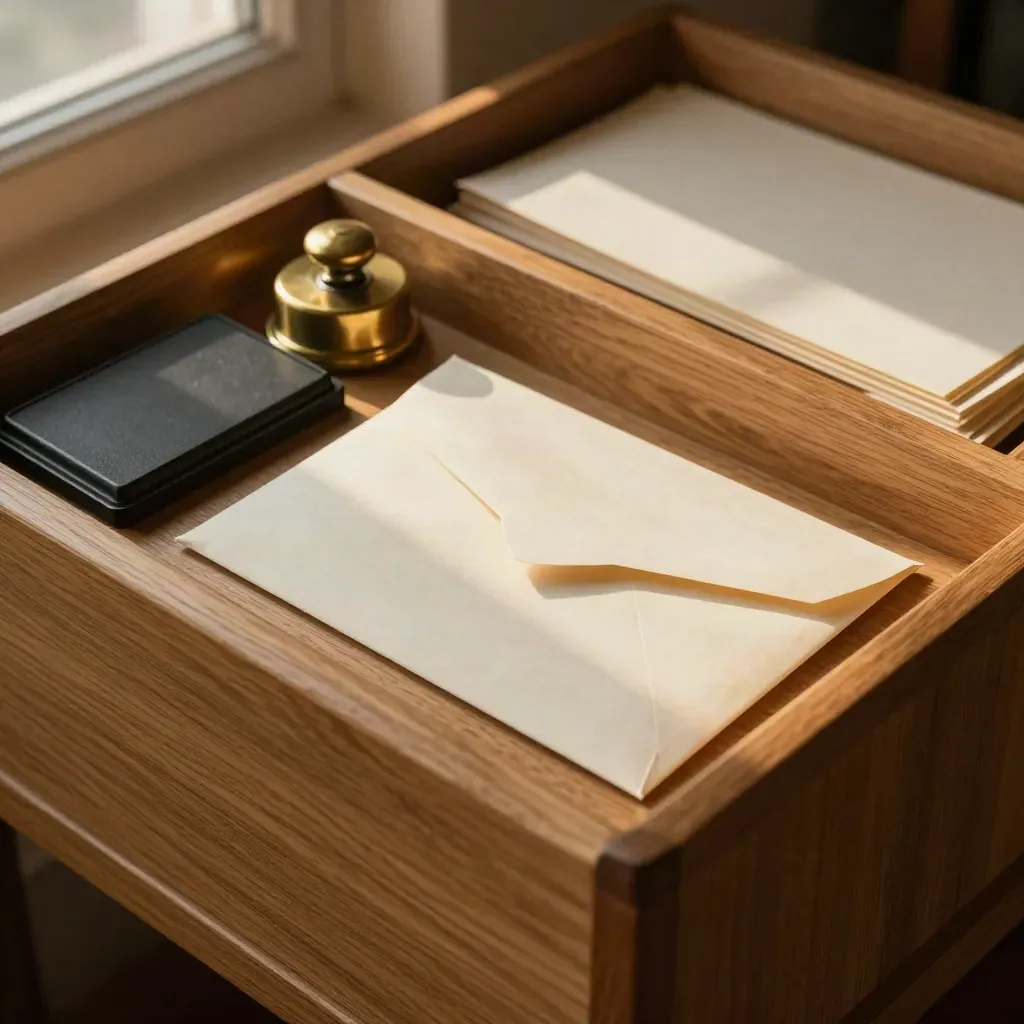 Oblique tray stack with envelope, stamp pad and brass paperweight in warm dusk light.
