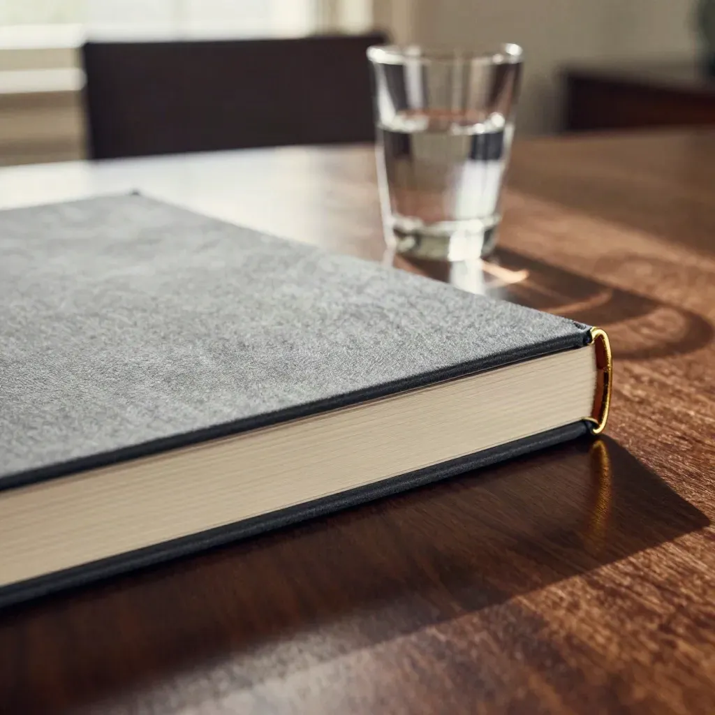 Minute book, brass clip and water glass on polished table with chair shadow
