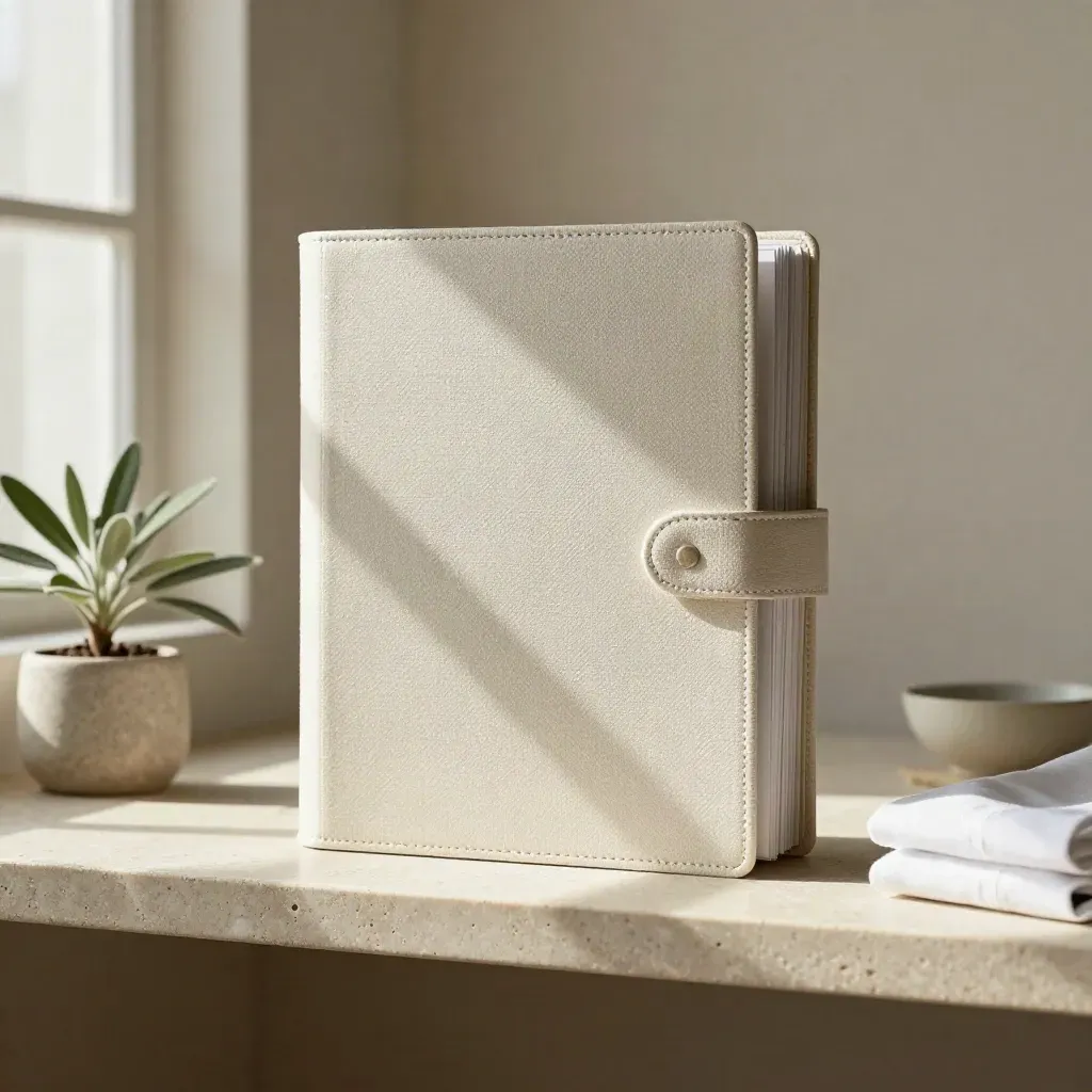 Staff policy binder with shirt cuff, plant and ceramic bowl on a stone shelf